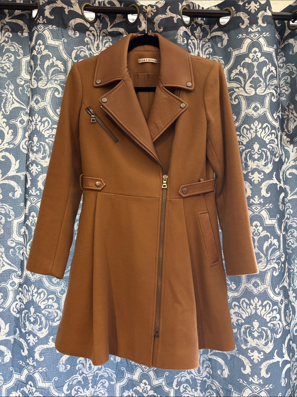 Alice + Olivia Camel Brown Moto Trench Coat with Flared Skirt